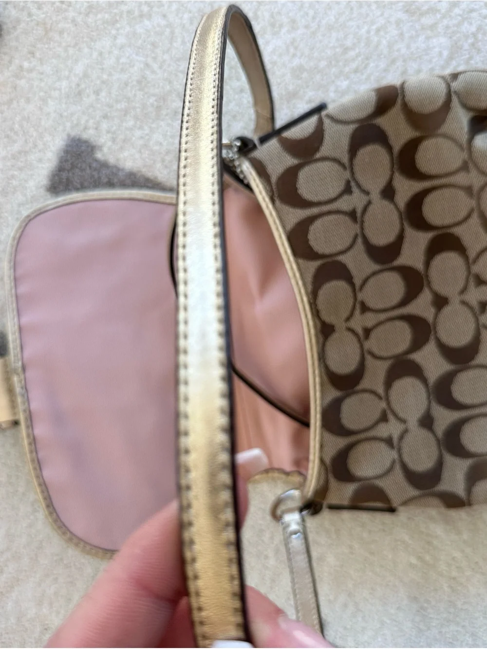 Coach Brown Signature Canvas Crossbody with Metallic Gold Buckle